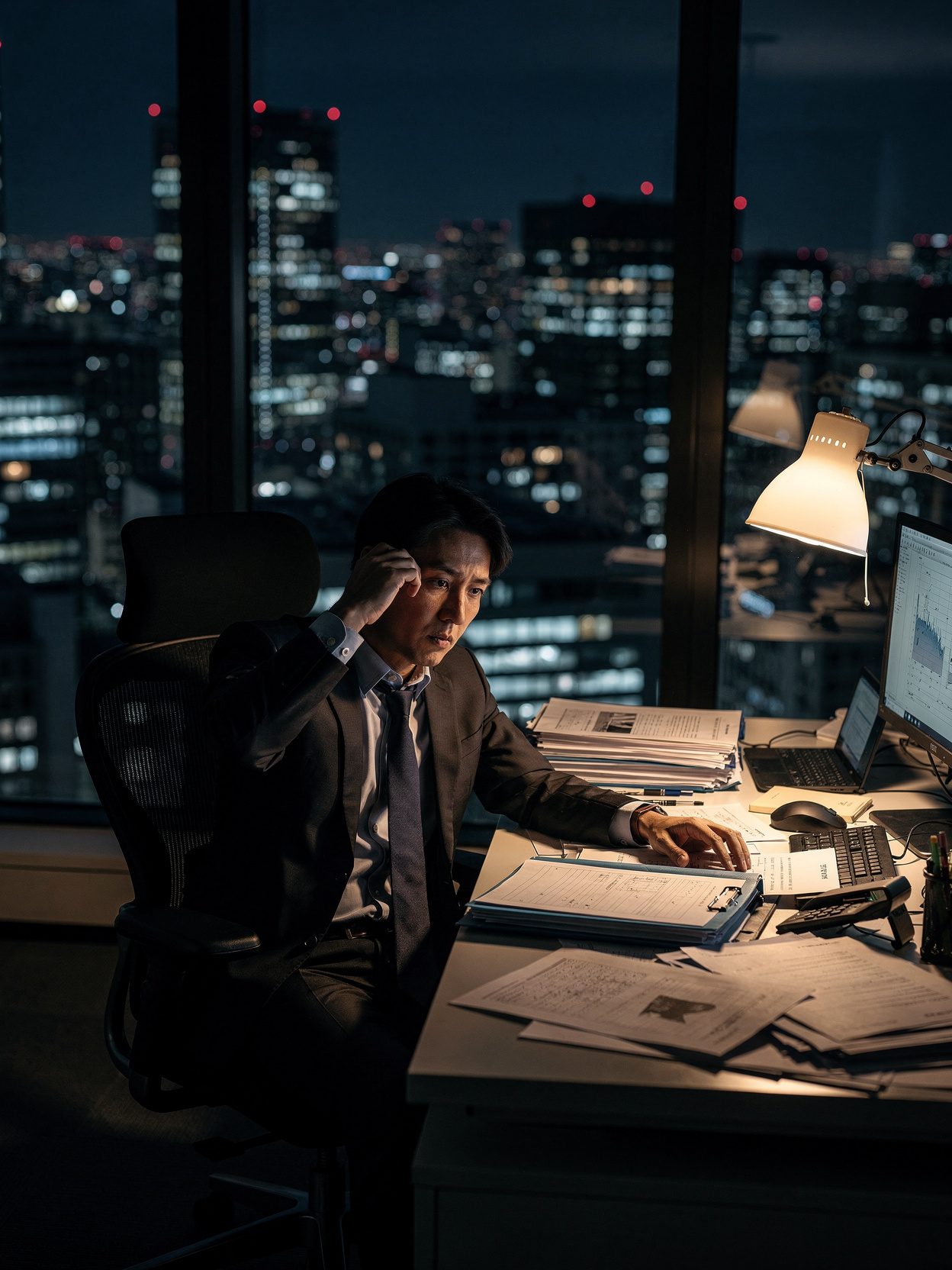 夜のオフィスで将来について考える会社員